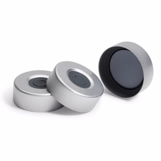 Grey PTFE/black butyl molded septa, silver aluminum one piece crimp cap, 20mm, for headspace vials, 100 per pack.